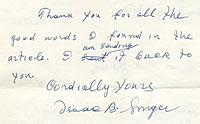 Isaac Bashevis Singer Autograph. Click to enlarge.